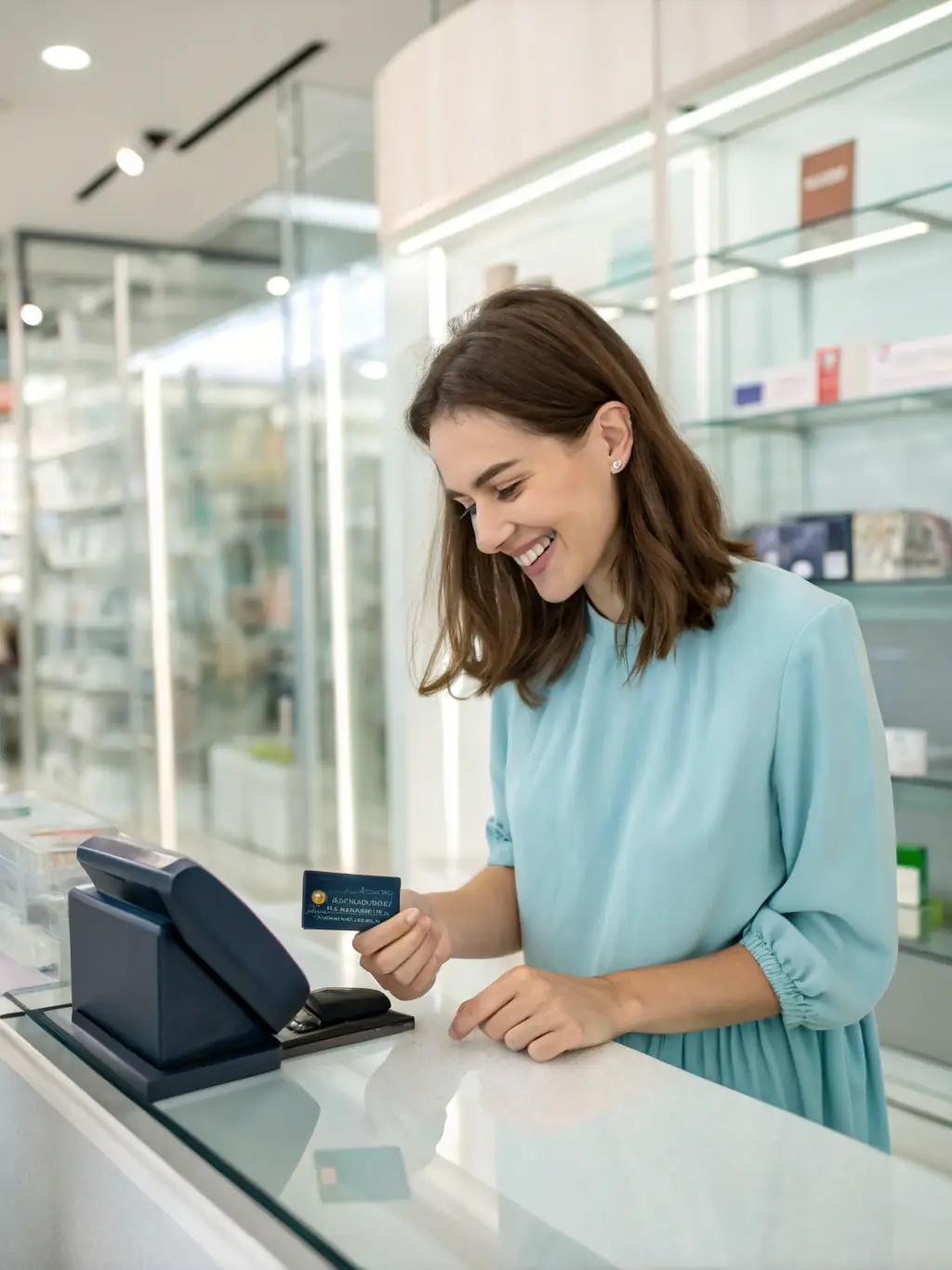A person happily using Twisto card to make a purchase in a modern store, showcasing the ease of use and convenience.