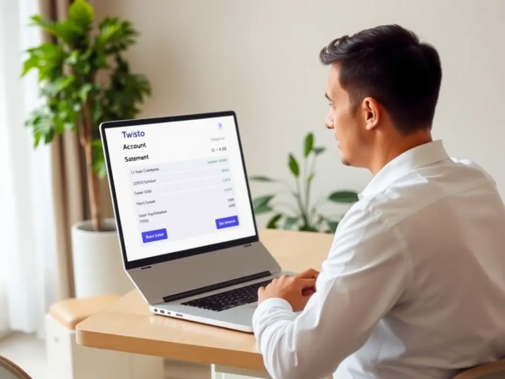 A person reviewing their Twisto account statement on a laptop, highlighting the importance of monitoring transactions and managing finances.